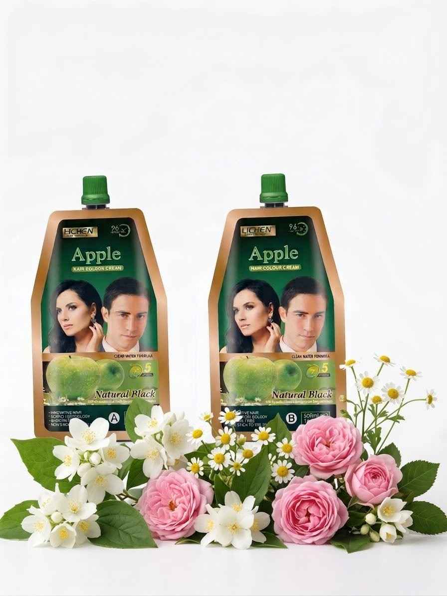 Lichen Apple Hair Color Cream - Natural Black (500ml x 2) | Ammonia Free